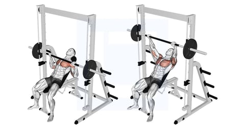 Man performing Smith machine bench press exercise from two angles showing proper form and movement